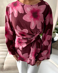 Taya Wine Floral Side Gather Tie Back Top