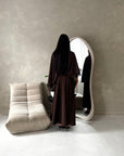 Raina Brown Cape Overlay High Neck Modest Dress