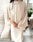 Raina Beige Cape Overlay High Neck Modest Dress