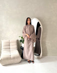 Raina Mocha Cape Overlay High Neck Modest Dress