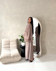 Raina Mocha Cape Overlay High Neck Modest Dress