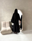 Raina Black Cape Overlay High Neck Modest Dress