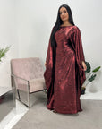 Velora Wine Shimmer Foil Print Modest Kaftan Abaya