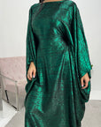 Velora Emerald Green Shimmer Foil Print Modest Kaftan Abaya