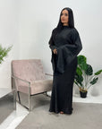 Una Black Satin Tie Back Frill Sleeve Modest Dress