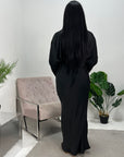 Una Black Satin Tie Back Frill Sleeve Modest Dress