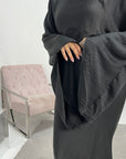 Una Black Satin Tie Back Frill Sleeve Modest Dress