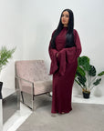 Una Wine Satin Tie Back Frill Sleeve Modest Dress