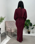 Una Wine Satin Tie Back Frill Sleeve Modest Dress
