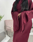 Una Wine Satin Tie Back Frill Sleeve Modest Dress