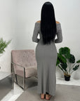 Tajia Grey Ribbed Off Shoulder Fine Knitted Dress