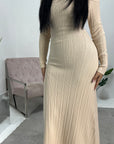 Tajia Cream Ribbed Off Shoulder Fine Knitted Dress