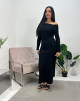 Tajia Black Ribbed Off Shoulder Fine Knitted Dress