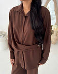 Freya Brown Shirt Wrap Gold button Trouser Co Ord Set