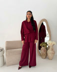 Freya Wine Shirt Wrap Gold button Trouser Co Ord Set