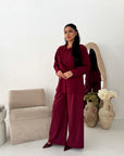 Freya Wine Shirt Wrap Gold button Trouser Co Ord Set