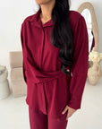 Freya Wine Shirt Wrap Gold button Trouser Co Ord Set