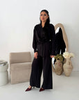 Freya Black Shirt Wrap Gold button Trouser Co Ord Set