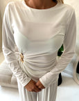 Sera White Soft Plain Gold Buckle Trouser Co Ord Set