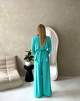 Sera Aqua Blue Soft Plain Gold Buckle Trouser Co Ord Set