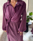 Mara Plum Stripe Balloon Sleeve Wrap Dress