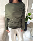 Terra Khaki Soft Ruched Cape Shoulder Drape Top
