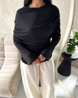 Terra Black Soft Ruched Cape Shoulder Drape Top