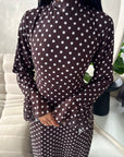 Nira Brown High Neck Frill Sleeve Mesh Polka Dot Dress