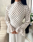 Nira Cream High Neck Frill Sleeve Mesh Polka Dot Dress