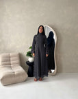 Nira Black High Neck Frill Sleeve Mesh Polka Dot Dress