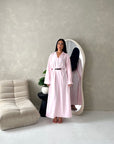 Areezo Pink Pleated Belted Buckle V Neck Collar Dress