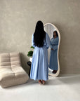Areezo Blue Pleated Belted Buckle V Neck Collar Dress