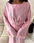 Abi Pink Linen Lace Detail Summer Dress