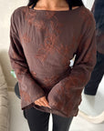 Mila Brown Mesh Floral Embroidered Tie Back Asymmetrical Top
