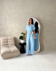 Eisi Blue V Neck Wrap Printed Tie Trouser Co Ord Set