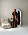 Eisi Brown V Neck Wrap Printed Tie Trouser Co Ord Set