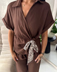 Eisi Brown V Neck Wrap Printed Tie Trouser Co Ord Set