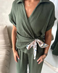 Eisi Khaki V Neck Wrap Printed Tie Trouser Co Ord Set