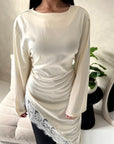 Beyi Cream Lace Assymetrical Satin Midi Dress