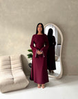 Nika Wine Diamante Sleeve Detail Plain Tie Back Dress