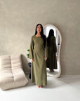 Noor Khaki Plain A Line Tie Back Smock Dress