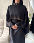 Vida Black High Neck Diamante Detail Cape Dress