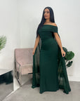 Zel Emerald Green Off Shoulder Mesh Cape Premium Elegant Dress