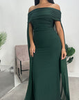 Zel Emerald Green Off Shoulder Mesh Cape Premium Elegant Dress