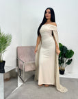 Zel Beige Off Shoulder Mesh Cape Premium Elegant Dress