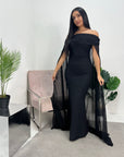 Zel Black Off Shoulder Mesh Cape Premium Elegant Dress