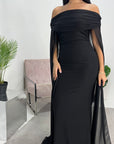 Zel Black Off Shoulder Mesh Cape Premium Elegant Dress
