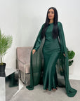 Kezia Emerald Green Satin Diamante Cape Modest Dress