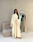 Maya Cream Satin Kaftan With Neck Scarf Dress