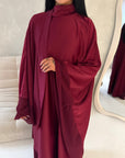Maya Wine Satin Kaftan With Neck Scarf Dress